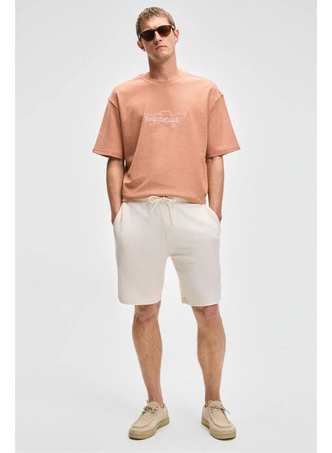 Grimelange MALYES Men's Elastic Waist Corded Short with Double Side and Single Back Pocket, Relaxed Fit Cream Shorts & Bermuda.