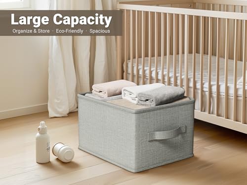 LayerSpace 3 Pack Fabric Storage Bins for Shelves | 14.75x10.25x8.25 in Storage Baskets | Fabric Closet Organizers with Handles Home Organization | Linen Clothes Storage Bins | Light Gray - Image 2