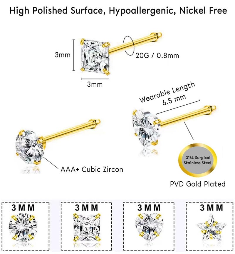 SEEDRILL 20G Nose Rings studs for Woman 8Pcs Hypoallergenic Straight Nose Studs 316L Surgical Steel with Gold Plated Nose Piercings Jewelry 3mm CZ L Shape Nose Rings 20 Gauge Nose Stud Nose Screw - Image 3