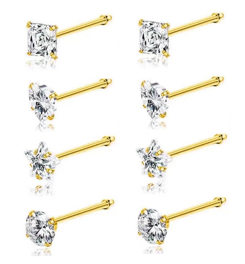 SEEDRILL 20G Nose Rings studs for Woman 8Pcs Hypoallergenic Straight Nose Studs 316L Surgical Steel with Gold Plated Nose Piercings Jewelry 3mm CZ L Shape Nose Rings 20 Gauge Nose Stud Nose Screw - Image 1
