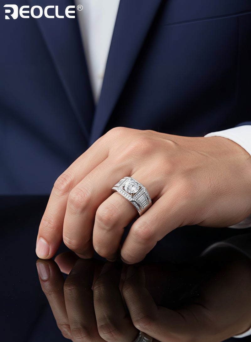 REOCLE Men's Ring Imitation Diamond Open Cuff Ring Wide Band Textured Inlaid Stone Statement Ring for Daily Wear & Banquet Wear - Image 2