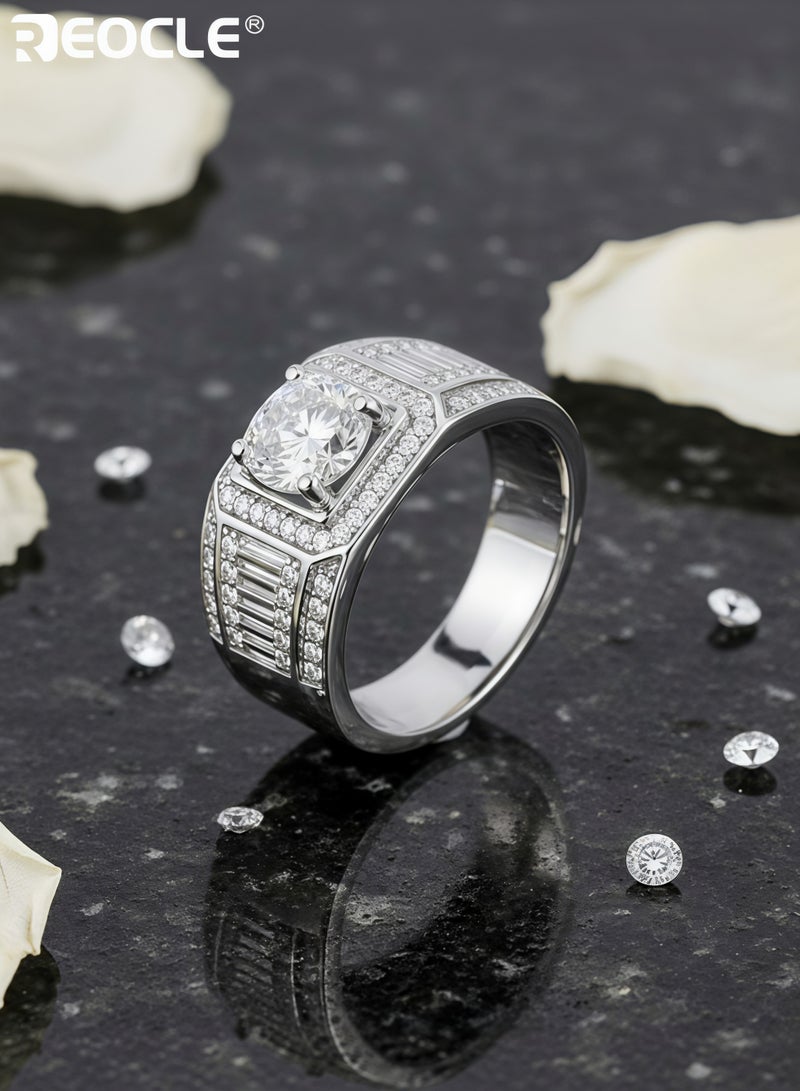 REOCLE Men's Ring Imitation Diamond Open Cuff Ring Wide Band Textured Inlaid Stone Statement Ring for Daily Wear & Banquet Wear - Image 5