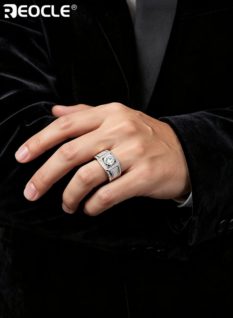 REOCLE Men's Ring Imitation Diamond Open Cuff Ring Wide Band Textured Inlaid Stone Statement Ring for Daily Wear & Banquet Wear - Image 3