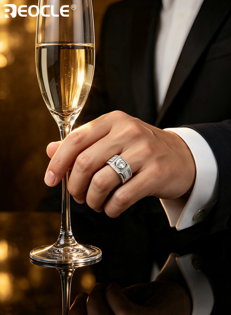 REOCLE Men's Ring Imitation Diamond Open Cuff Ring Wide Band Textured Inlaid Stone Statement Ring for Daily Wear & Banquet Wear - Image 4