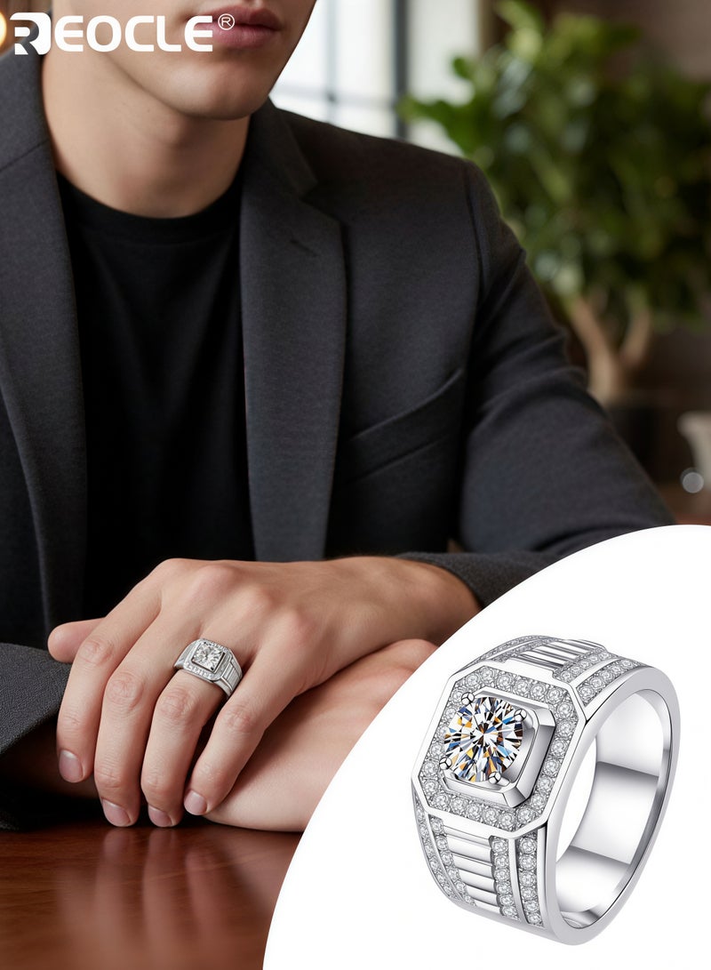 REOCLE Men's Ring Imitation Diamond Open Cuff Ring Wide Band Textured Inlaid Stone Statement Ring for Daily Wear & Banquet Wear - Image 1