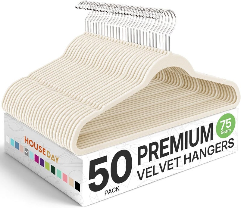 HOUSE DAY Premium Velvet 50 Pack, Non-Slip Clothes Felt Hangers Ivory, Sturdy & Durable Suit Slim Felt Hangers for Space Saving, Heavy Duty Coat with 360 Rotating Hook - Image 1
