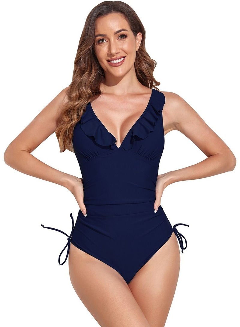 Loquat Navy Blue Color V-Neck One-Piece Swimsuit Falbala Bikini  - Image 1