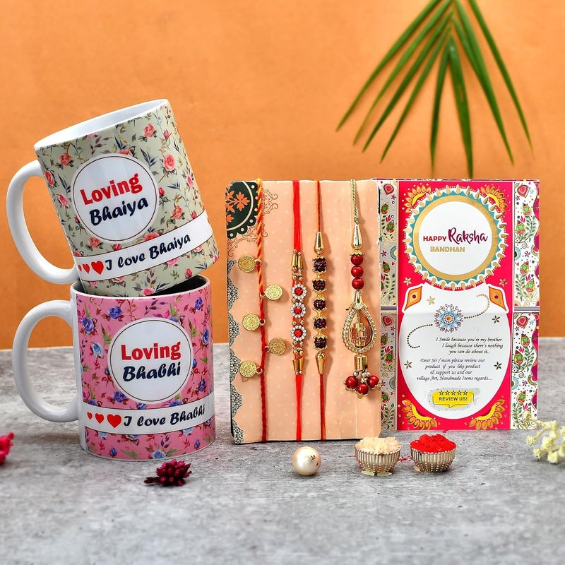 V Kraft Worlds Best BHAIYA BHABHI Printed White Color Coffee Mug with 4 Designer Rakhi for bhaiya bhabhi and Their Childrens with roli chawal and Rakhi Special Wishes Card 330 ml Rakhi Combo 05 - Image 1