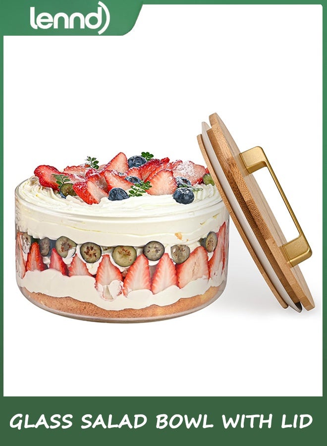 لينند وعاء سلطة زجاجي، وعاء سلطة كبير مع غطاء، وعاء سلطة زجاجي شفاف لتقديم كعكة الآيس كريم والكعك الصغير والسلطة والفواكه، آمن للاستخدام في الميكروويف وغسالة الأطباق - Image 1