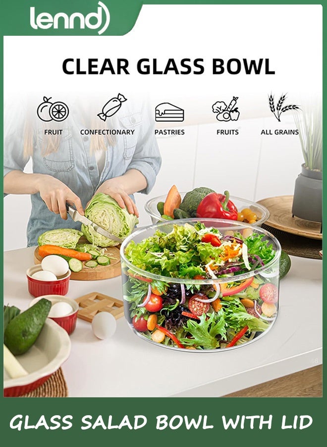 لينند وعاء سلطة زجاجي، وعاء سلطة كبير مع غطاء، وعاء سلطة زجاجي شفاف لتقديم كعكة الآيس كريم والكعك الصغير والسلطة والفواكه، آمن للاستخدام في الميكروويف وغسالة الأطباق - Image 4