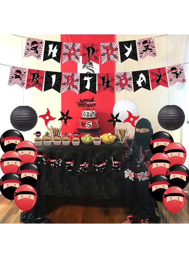 Fangleland Ninja Birthday Party Decoration Red and Black Warrior Themed Party Supplies for Boys with Ninja Happy Birthday Banner Cake Topper Sticker and Paper Lanterns - Image 3