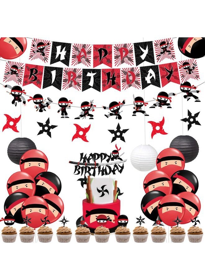 Fangleland Ninja Birthday Party Decoration Red and Black Warrior Themed Party Supplies for Boys with Ninja Happy Birthday Banner Cake Topper Sticker and Paper Lanterns - Image 1