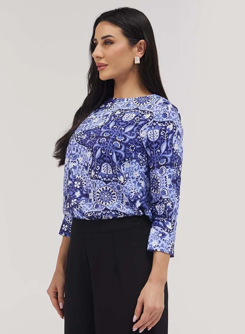 Zigzag Printed Half Sleeve Chiffon Top With A Cuffed Sleeve