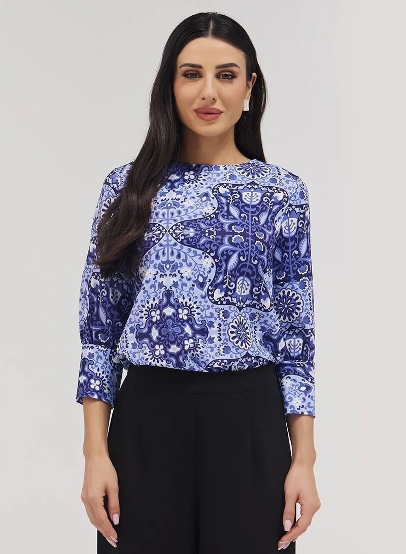 Zigzag Printed Half Sleeve Chiffon Top With A Cuffed Sleeve