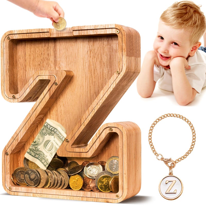 SummiDate Wooden Letter Piggy Bank for Kids Piggy Bank for Boys Girls Toddler Alphabet Z Money Bank Personalized Initial Wood Coin Bank Birthday for Kids Z - Image 2