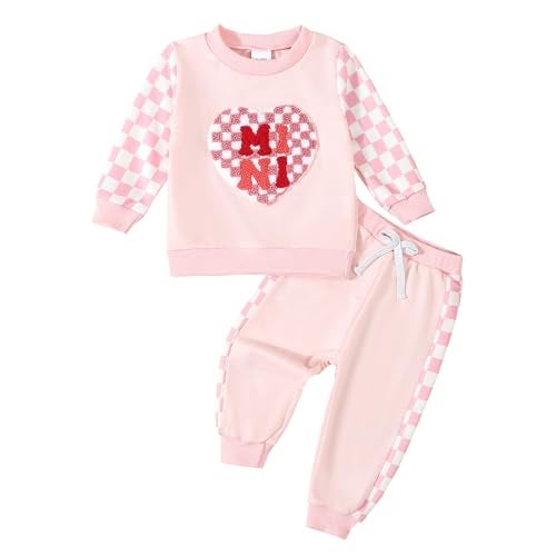 BeQeuewll Baby Girl Valentines Day Outfit Long Sleeve Heart Checkerboard Print Sweatshirt Plaid Pants 2Pcs Valentine Clothes (Mini Pink, 18-24 Months) - Image 1