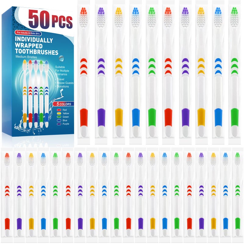 Navona 50 PCS Premium Individually Wrapped Bulk Toothbrush Pack Disposable Toothbrushes Kids Toothbrush Medium Soft Bristle Toothbrushes Ergonomics Handle Perfect for Travel Hotel Donation