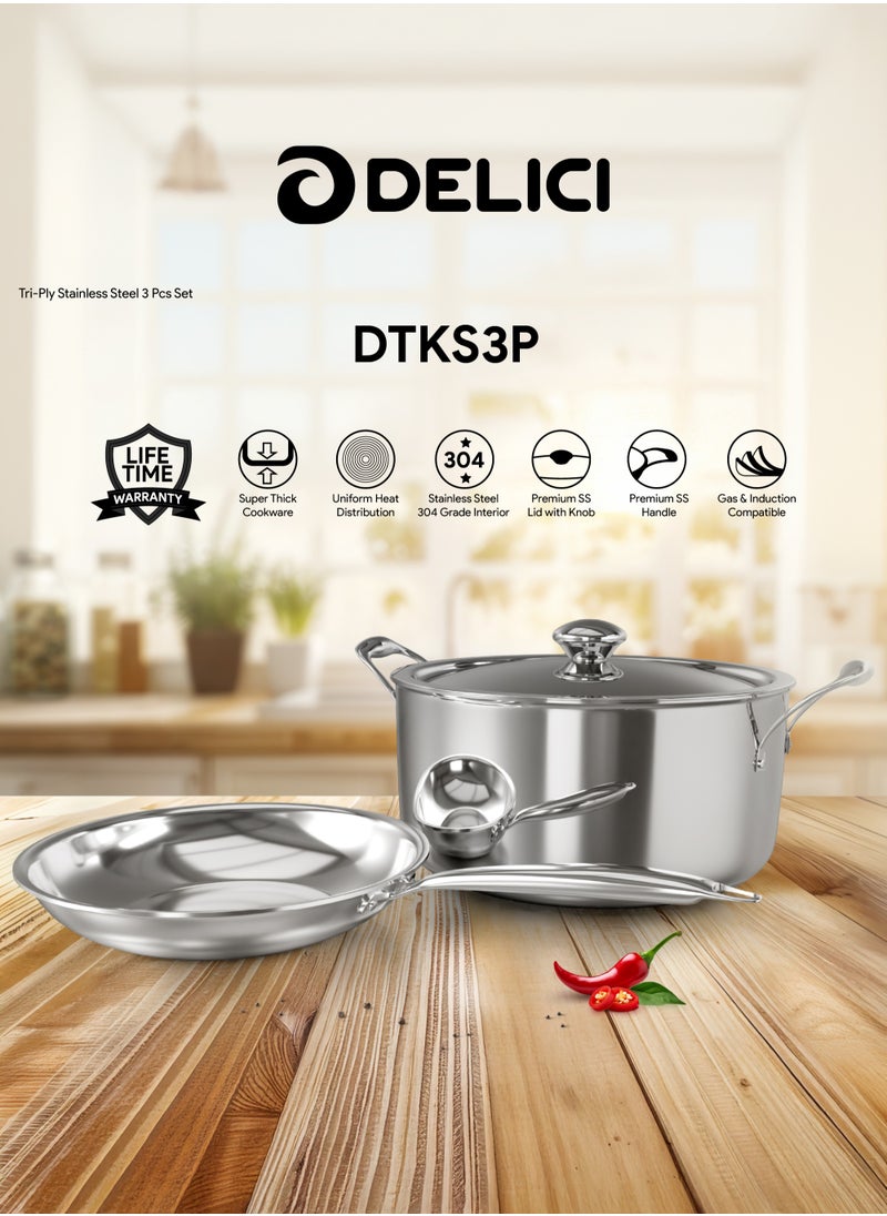 DELICI 3 Pieces Tri-Ply Stainless Steel And Aluminium Frying Pan And Sauce Pan With Steel Lid, Oven Safe, Dishwasher Safe, Healthy Non-Stick Interior, Induction Cooking Pot  - Image 1