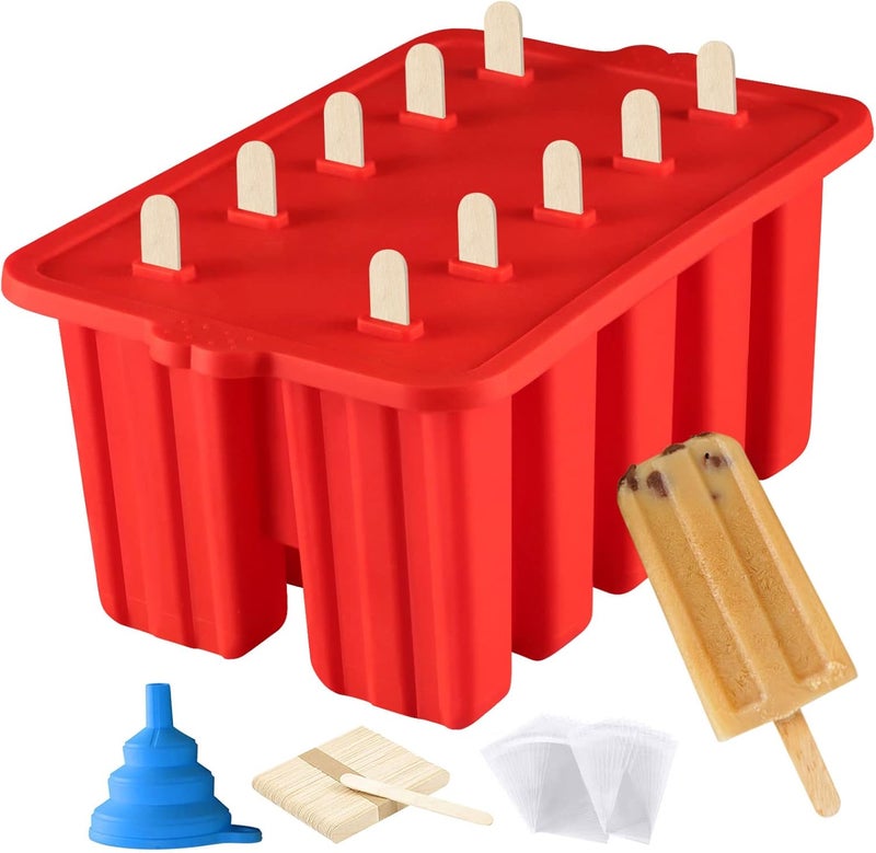 Azonbey Silicone Popsicle Molds, 10 Cavity, BPA-Free, Red, Cone Shaped, Food Preparation Molds with Sticks and Funnel - Image 1
