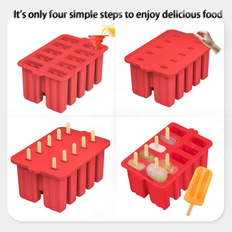 Azonbey Silicone Popsicle Molds, 10 Cavity, BPA-Free, Red, Cone Shaped, Food Preparation Molds with Sticks and Funnel - Image 2