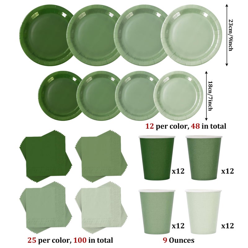 Whaline 244Pcs Sage Green Tableware Set Serves 48 Gradient Green Disposable Dinnerware 48 9"" Plates 48 7"" Plate 48 9oz Cups 100 Napkins for Wedding Birthday Party Supplies - Image 2