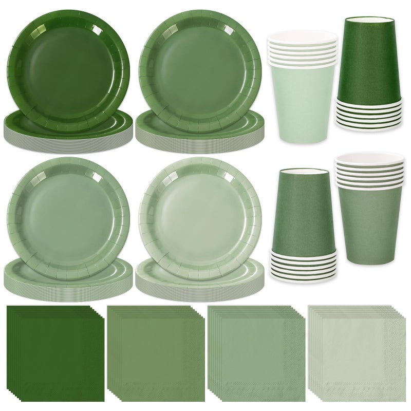 Whaline 244Pcs Sage Green Tableware Set Serves 48 Gradient Green Disposable Dinnerware 48 9"" Plates 48 7"" Plate 48 9oz Cups 100 Napkins for Wedding Birthday Party Supplies - Image 1