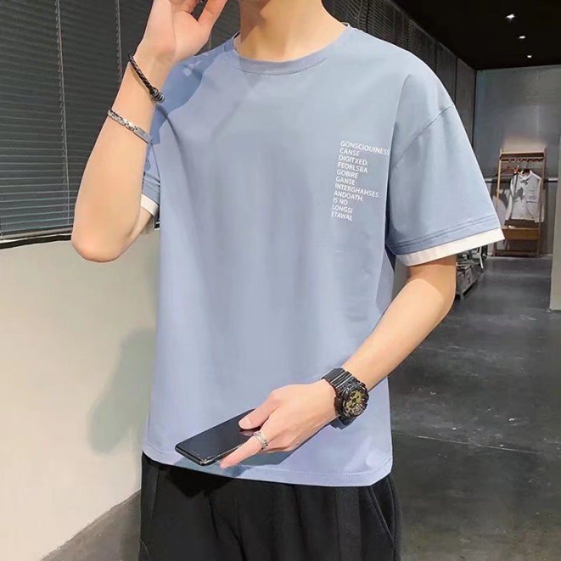 Men's Short-sleeved T-shirt Fake Two-piece Summer New Student Base Shirt Fashionable Korean Men's Top Slim-fit Half-sleeve - Image 2