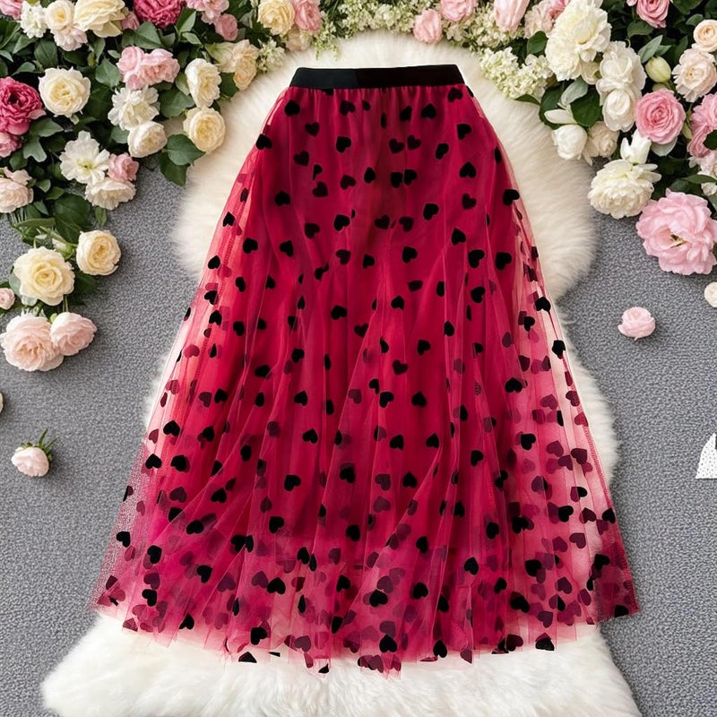 Reaowazo Skirts for Women Midi Long Length Dressy Casual Trendy Summer Tulle A-Line Floral High Waist Skirt Heart Red L-XL - Image 3