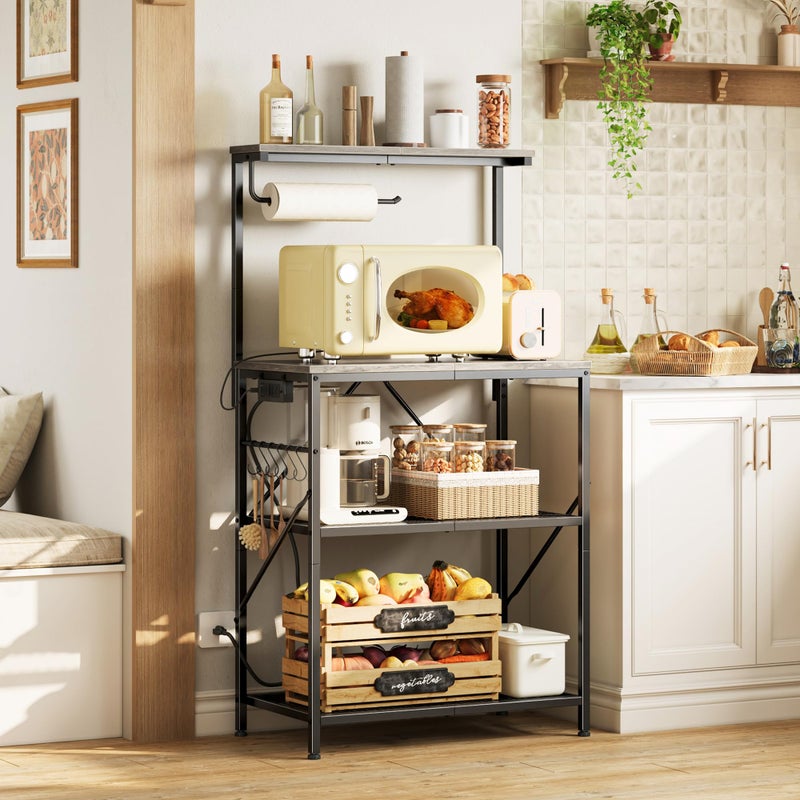 Huuger 4-Tier Bakers Rack with Reversible Power Outlet, 23.6 Inch Microwave Stand, Kitchen Coffee Bar, with Top Shelf, 6 S Hooks, Rustic Brown - Image 2
