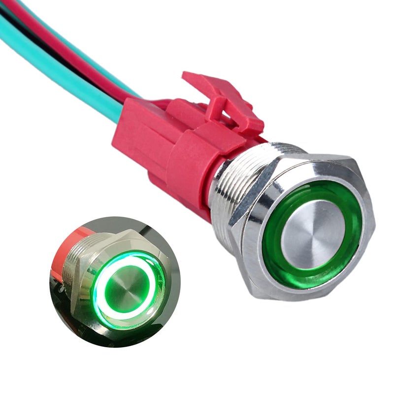 DMWD 19mm Heavy Duty Latching Metal Push Button Switch Waterproof Large Current 20Amp 12V-24V ON-OFF 1NO 4 Pins with Pre-wired Harness (Halo Ring Green LED) - Image 1