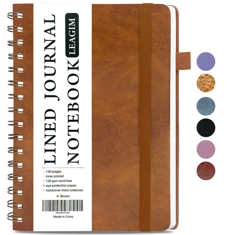 LEAGIM Lined Spiral Journal Notebook for Women & Men, College Ruled Hardcover Notebook for Work & Note Taking, Journals for Writing, 100 GSM, Business, School, 140 Pages, A5(5.8"x8.5") - Brown - Image 1