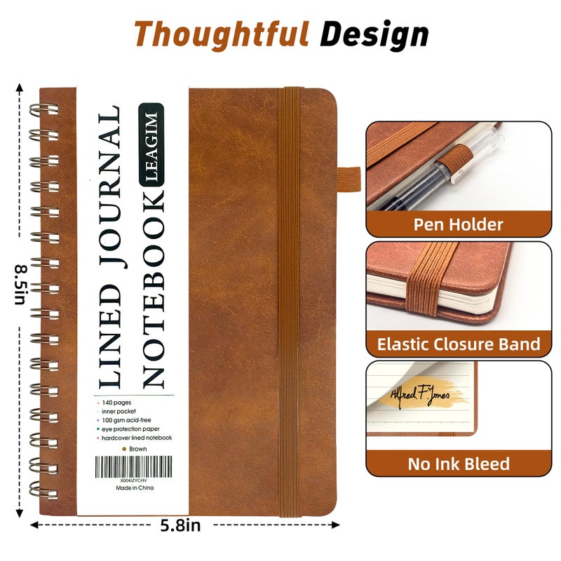 LEAGIM Lined Spiral Journal Notebook for Women & Men, College Ruled Hardcover Notebook for Work & Note Taking, Journals for Writing, 100 GSM, Business, School, 140 Pages, A5(5.8"x8.5") - Brown - Image 4