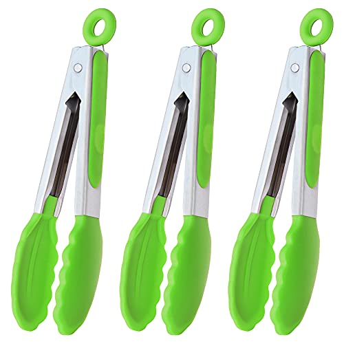 HINMAY Mini Tongs with Silicone Tips 7 Inches Silicone Cooking Tongs Set of 3 Green