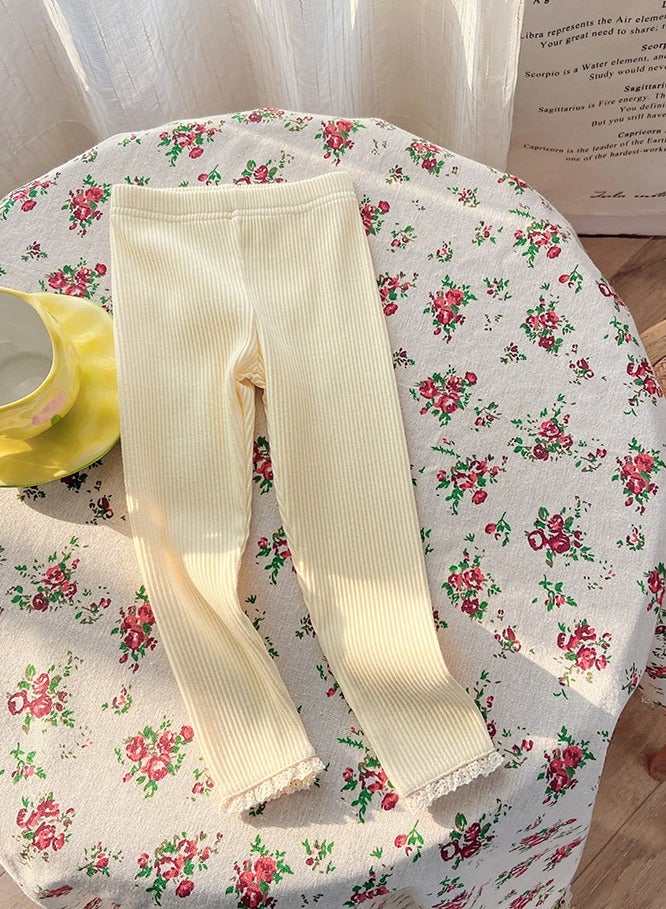Loquat Girls Thermal Underwear Pants Cotton Soft Long Johns Base Layer Bottom Kid's Lace Splicing Pants Pale Yellow 