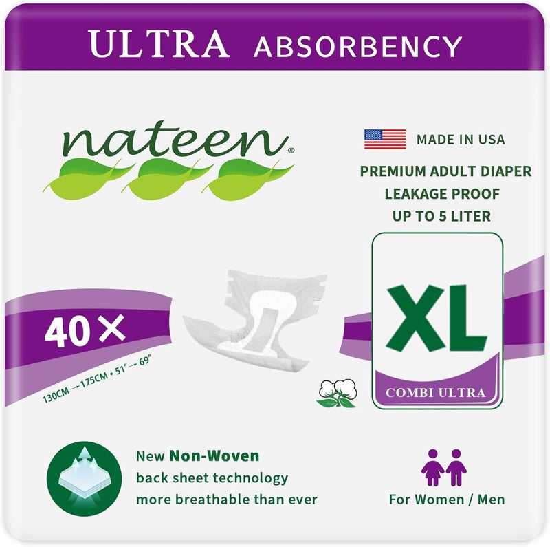 Nateen Combi Ultra Adult Diapers,Unisex Disposable Incontinence Briefs with Tabs for Men and Women,Ultra Absorbency Diaper,Overnight Leak Protection. Extra-Large, 40Count