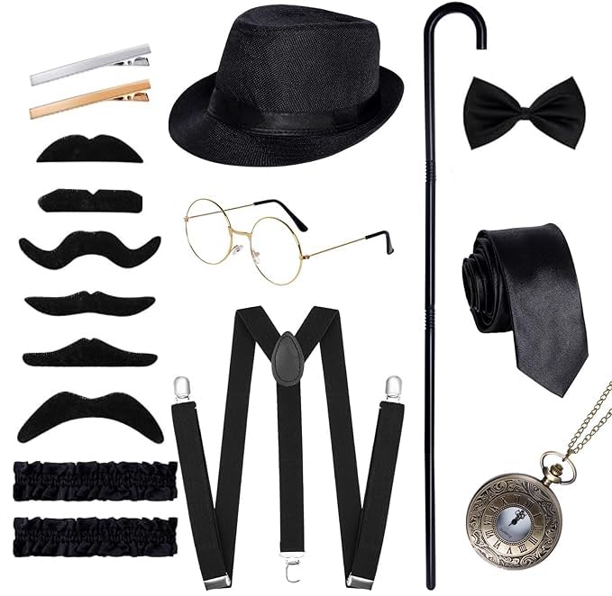 Ishua 1920s Men Costume Accessories, 17 pcs Old Men Gangster Costume Set, Roaring Retro Mens Gatsby Accessories 1920s - Image 1