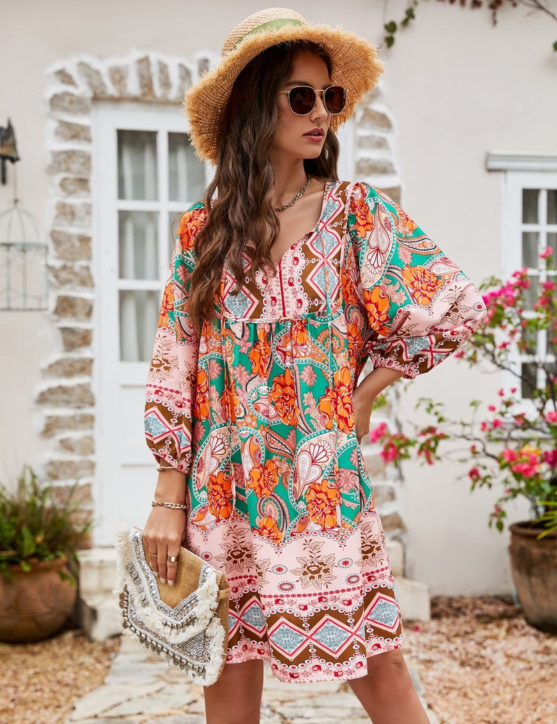 Bluetime Women Casual Summer Dress Boho V Neck 3/4 Sleeve Babydoll Floral Print Flowy Beach Dress (XL, Green) - Image 4