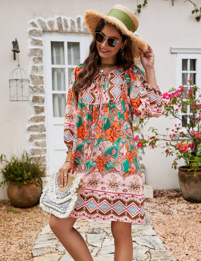 Bluetime Women Casual Summer Dress Boho V Neck 3/4 Sleeve Babydoll Floral Print Flowy Beach Dress (XL, Green) - Image 2