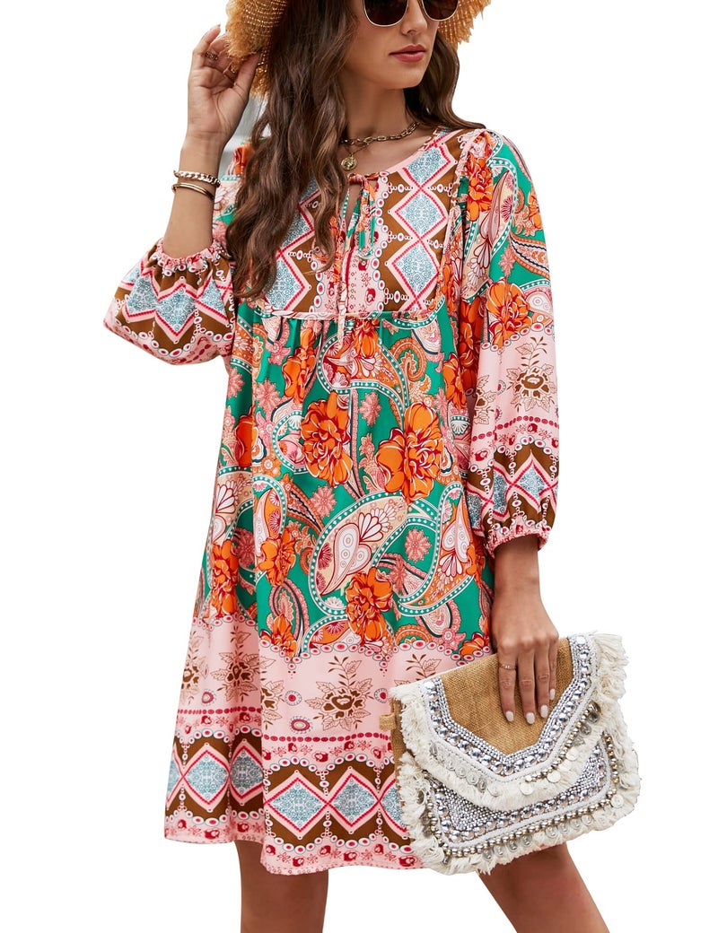 Bluetime Women Casual Summer Dress Boho V Neck 3/4 Sleeve Babydoll Floral Print Flowy Beach Dress (XL, Green) - Image 1
