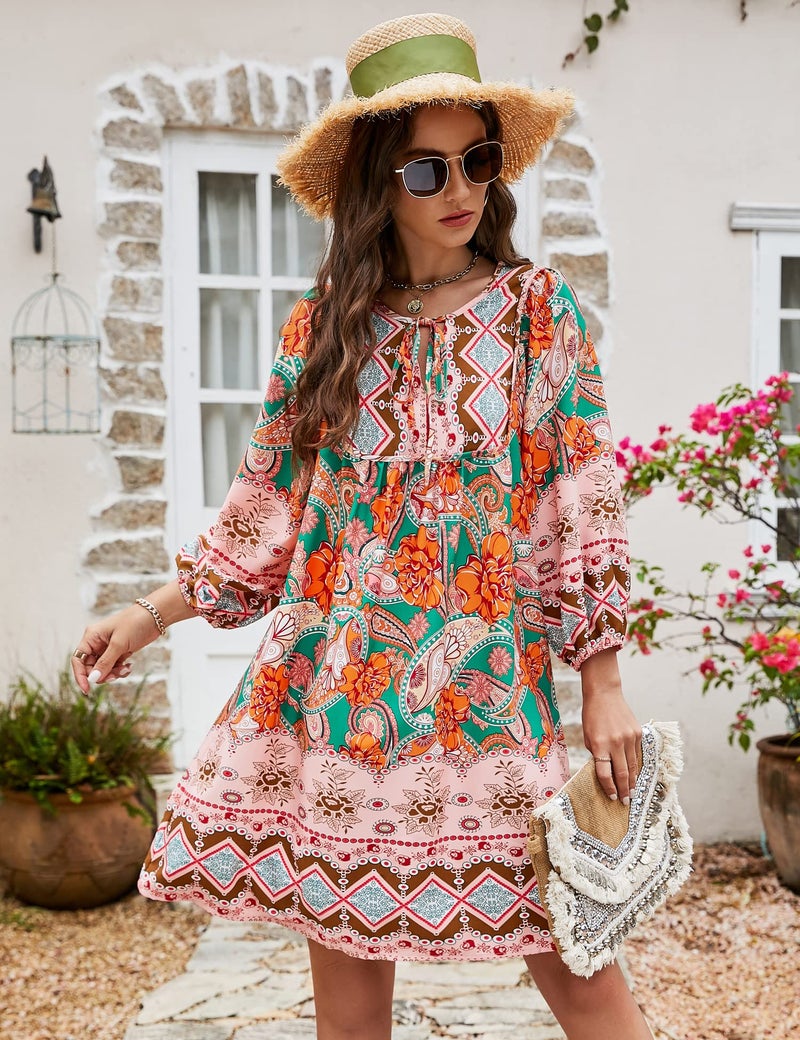 Bluetime Women Casual Summer Dress Boho V Neck 3/4 Sleeve Babydoll Floral Print Flowy Beach Dress (XL, Green) - Image 3