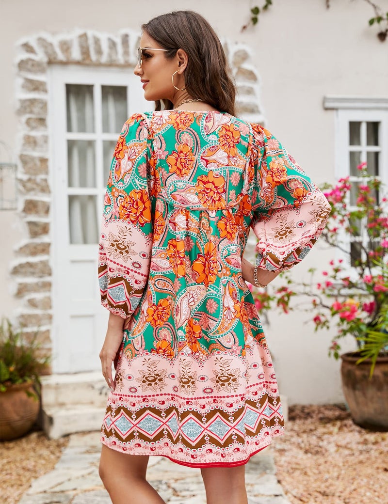 Bluetime Women Casual Summer Dress Boho V Neck 3/4 Sleeve Babydoll Floral Print Flowy Beach Dress (XL, Green) - Image 5
