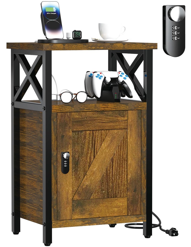 runjuly Wooden Nightstand with Lock, Bedside Table with Drawer, Bed Side Table with Charging Station, 3 USB & 2 Outlets, Night Stand with Storage Cabinet, End Table for Bedroom, Brown - Image 1