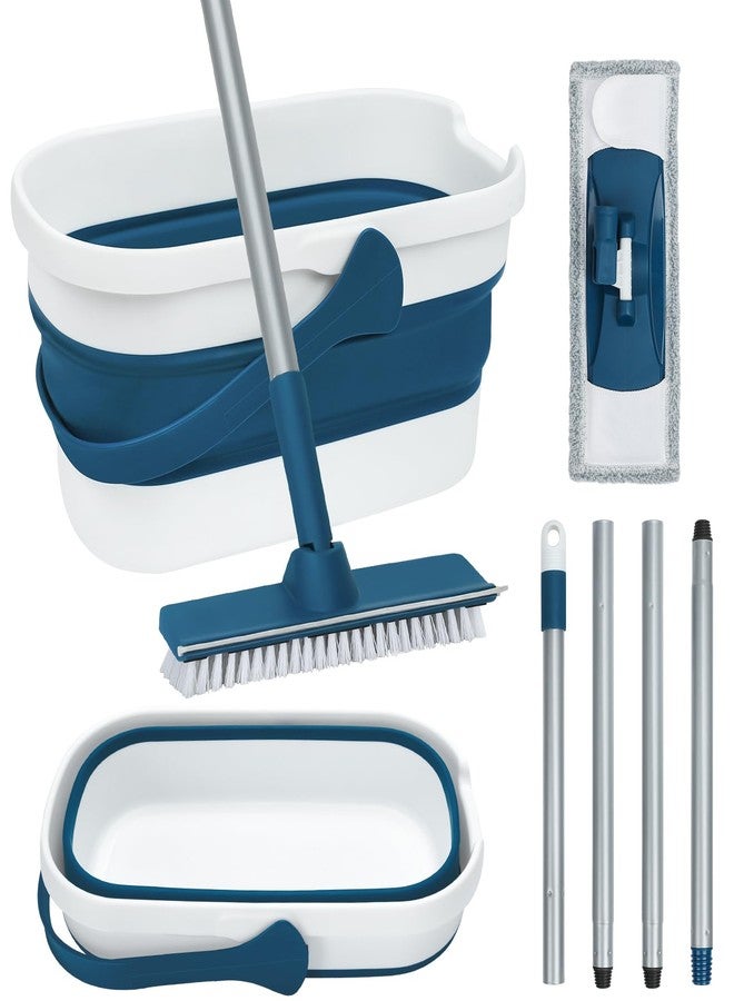TrueYee Collapsible Mop and Bucket Set with Scrub Mop and Brush, Tile Laminate Hardwood Floor Brush and Flat Mops for Floor Cleaning, Foldable Bucket with Washable Microfiber Mop(Blue) - Image 1