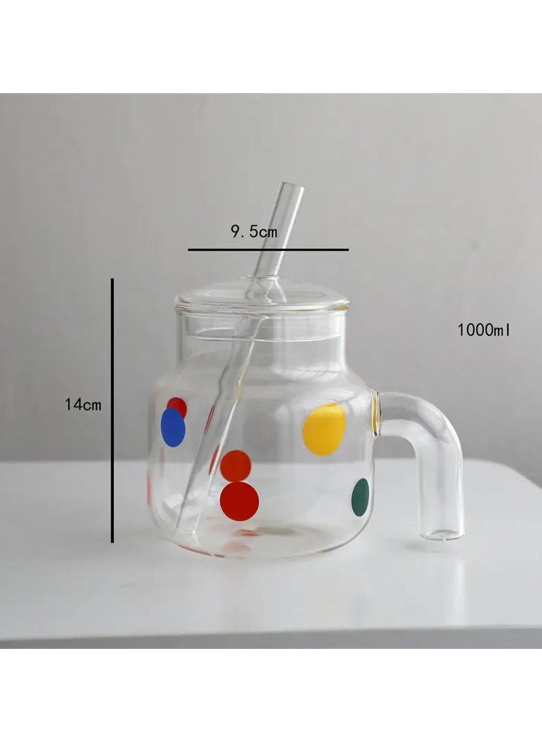 zoba 1000 ml Large Capacity High Temperature Resistant Glass Teapot Household Polka Dot Cup with Lid and Straw for Milk Coffee4826  - Image 1