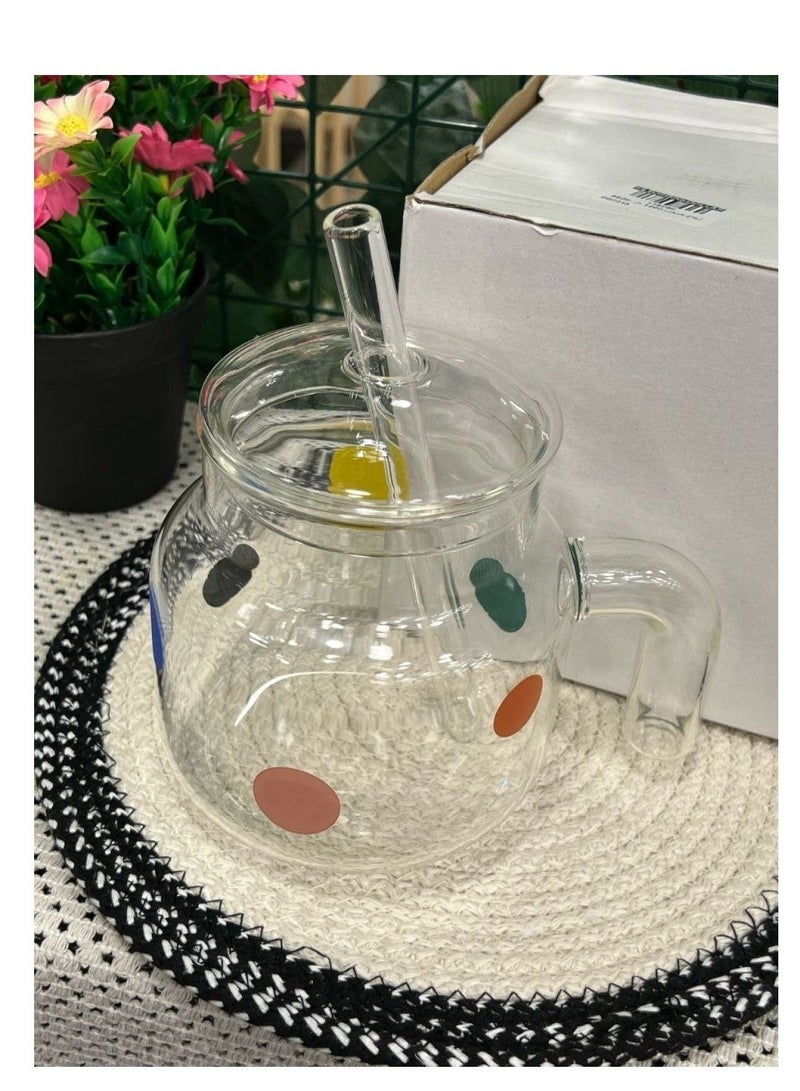 Clear glass teapot with a colorful polka dot design – heat-resistant glass with a lid and elegant handle – suitable for tea, herbs, and hot and cold beverages – a modern design that adds a great decorative touch to the kitchen - Image 1