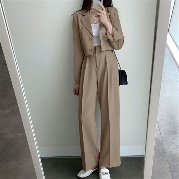 Korean Style Lapel Small Suit Long-Sleeved Short Jacket + High-Waisted Wide-Leg Floor-Length Suit Suit Female Stewardess Uniform - Image 1