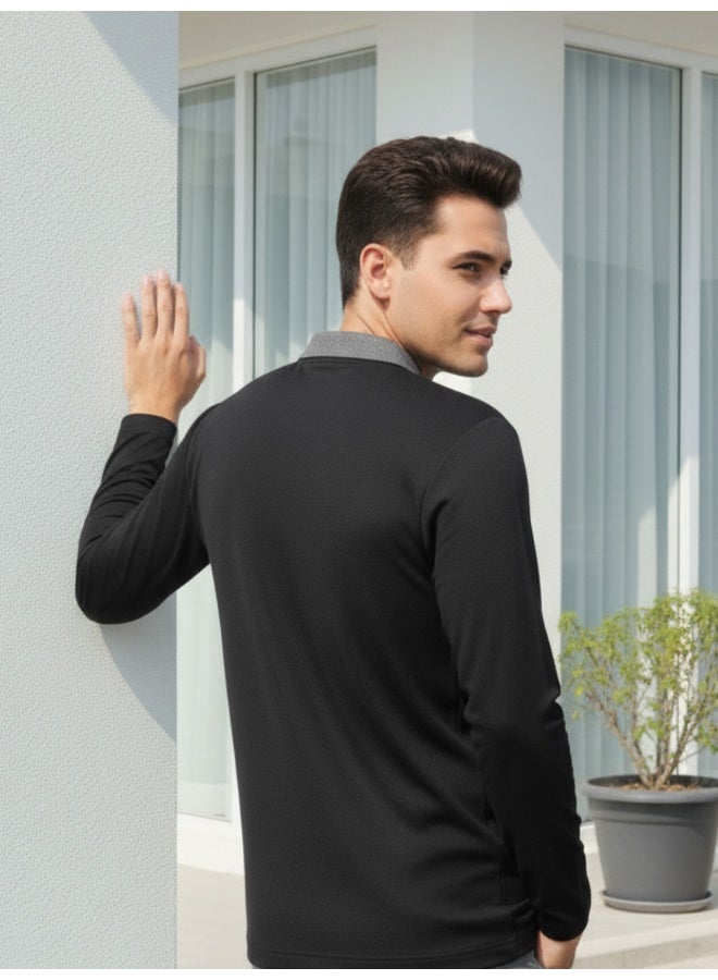 RIGO Black Ribbed Textured Polo T-Shirt for Men - Image 2