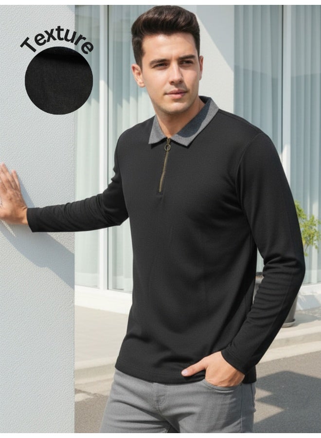 RIGO Black Ribbed Textured Polo T-Shirt for Men - Image 1