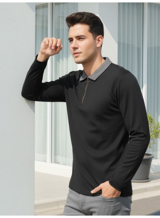 RIGO Black Ribbed Textured Polo T-Shirt for Men - Image 3
