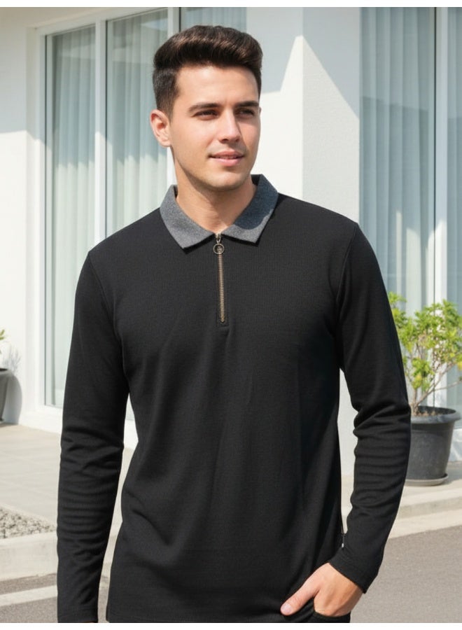 RIGO Black Ribbed Textured Polo T-Shirt for Men - Image 4